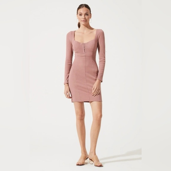 Anthropologie ASTR Blush Pink Rib Knit Long Sleeve Corset Bodycon Mini Dress SM - Picture 2 of 9
